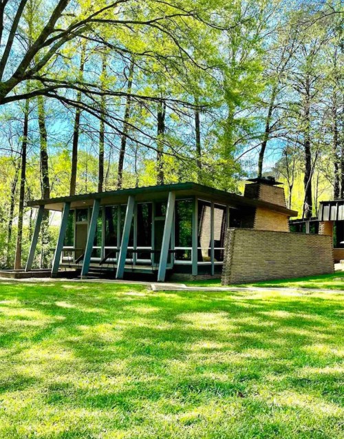 Modern house with large windows, set in a lush green landscape surrounded by tall trees.