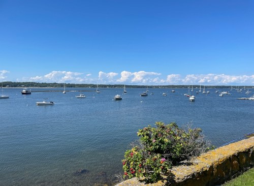 A serene bay with multiple boats anchored, surrounded by clear blue skies and fluffy white clouds.