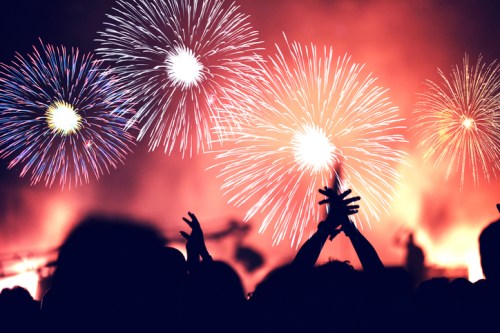 Silhouetted crowd clapping with vibrant fireworks bursting in the night sky.