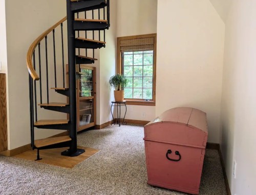 A spiral staircase leads to a bright room with a window, a potted plant, and a pink storage chest on a carpeted floor.