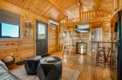 Cozy wooden interior of a tiny house featuring a ladder, black coffee tables, and large windows for natural light.