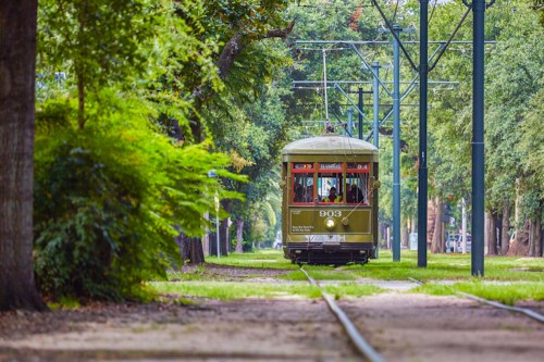 A vintage green streetcar travels along a tree-lined track in a lush urban setting.