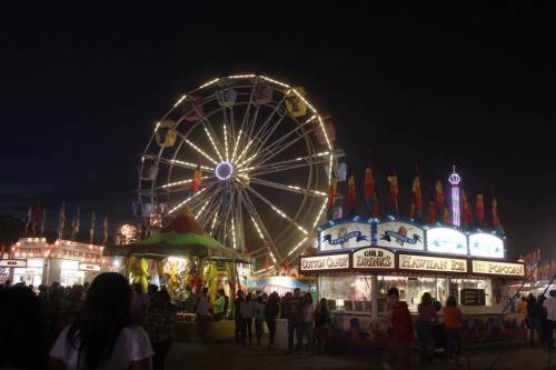 A vibrant night scene at a fair, featuring a Ferris wheel, food stalls, and colorful lights.