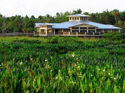 A modern building surrounded by lush green vegetation and flowers, set against a natural landscape.