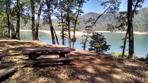 A serene lakeside scene with a picnic table surrounded by trees and mountains in the background.