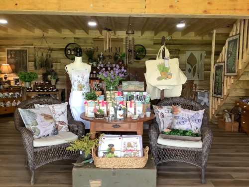 A cozy shop interior featuring decorative items, plants, and a display table with gifts and home decor.