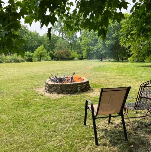 A grassy area with a stone fire pit and two chairs under leafy trees on a sunny day.