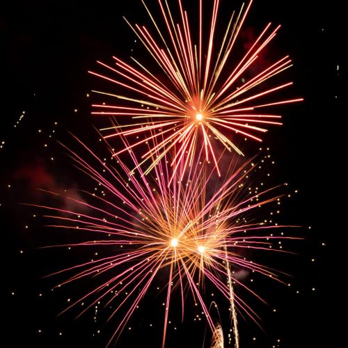 Colorful fireworks explode in the night sky, creating vibrant bursts of red, pink, and gold against a dark background.
