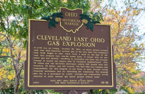 Historical marker detailing the Cleveland East Ohio gas explosion on October 20, 1944, and its impact on the community.