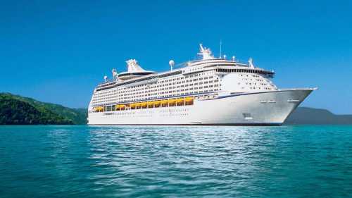 A large cruise ship anchored in calm blue waters, with lush green hills in the background under a clear sky.