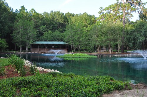 A serene pond surrounded by greenery, featuring a gazebo and fountains in a peaceful natural setting.