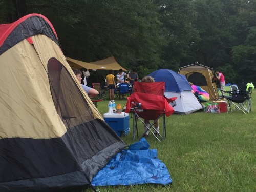 A campsite with several tents and people gathered, surrounded by green grass and trees.