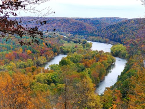 A scenic view of a winding river surrounded by vibrant autumn foliage in rolling hills.