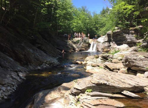 A serene natural scene featuring a rocky stream with a small waterfall, surrounded by lush greenery and people enjoying the water.