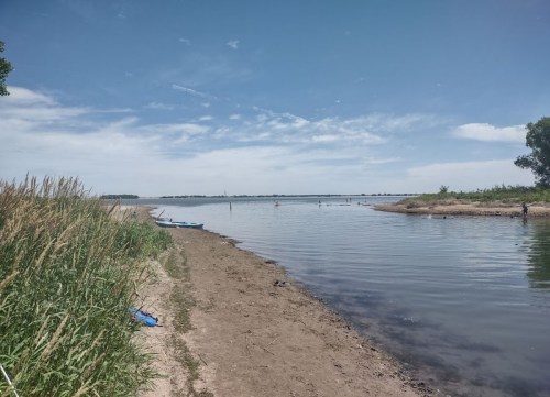 A serene riverbank scene with calm water, sandy shore, and lush greenery under a clear blue sky.
