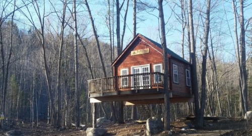 A wooden treehouse on stilts surrounded by bare trees, with a small deck and steps leading down to the ground.