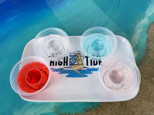 Four colorful drinks in clear cups on a white tray with a "High Tide" logo, set against a blue background.