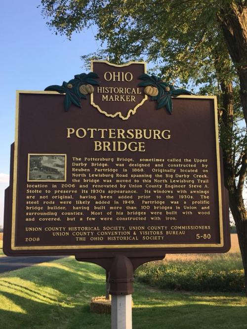 Historical marker for Pottersburg Bridge, detailing its construction and significance in Ohio.