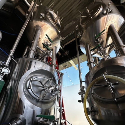 Two large stainless steel brewing tanks with valves and pipes, set against a bright sky and a red ladder in the background.