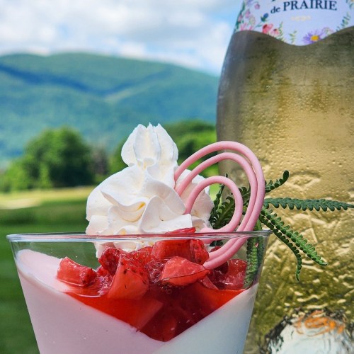 A dessert with whipped cream and strawberries, next to a bottle of sparkling water, set against a scenic mountain backdrop.