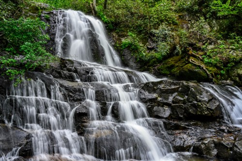 A serene waterfall cascading over rocky terrain, surrounded by lush green foliage.