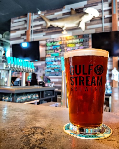 A pint of amber beer sits on a bar counter with a shark decoration and colorful beer taps in the background.