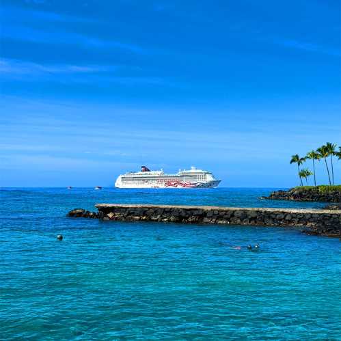 A cruise ship sails in clear blue waters near a rocky shoreline with palm trees under a bright sky.