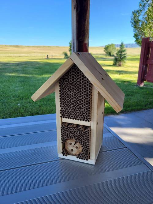 A wooden insect hotel with a hexagonal design, placed on a table against a grassy landscape and blue sky.