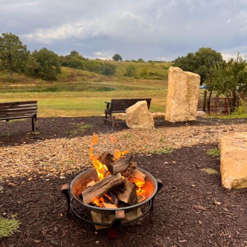 A cozy campfire with flames, surrounded by rocks and benches, set against a scenic landscape with trees and hills.