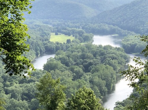 A scenic view of a winding river surrounded by lush green trees and rolling hills under a clear sky.