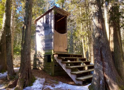 A wooden treehouse with stairs, nestled among tall trees in a snowy forest.