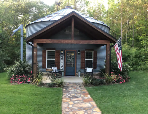A round, blue house with a metal roof, surrounded by greenery and flowers, featuring a front porch and an American flag.