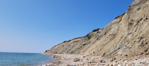 A rocky beach with a steep cliff under a clear blue sky and calm water.