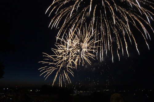 Colorful fireworks burst in the night sky over a dark landscape, illuminating the scene with bright sparks.
