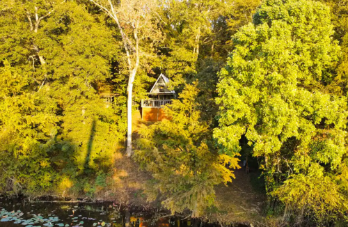 Aerial view of a cabin nestled among lush green trees by a serene pond.