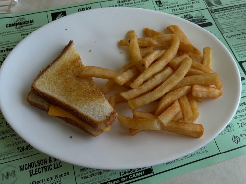 A plate with a grilled cheese sandwich and a side of golden French fries.