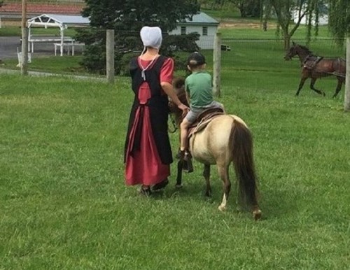 A person in traditional dress leads a child on a small pony through a grassy field.