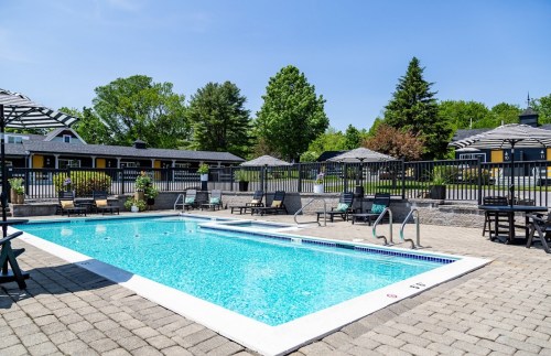 A clear blue pool surrounded by lounge chairs and umbrellas, with green trees and buildings in the background.