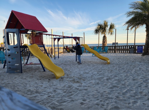 A playground on the beach with swings and slides, palm trees in the background, and a clear blue sky.
