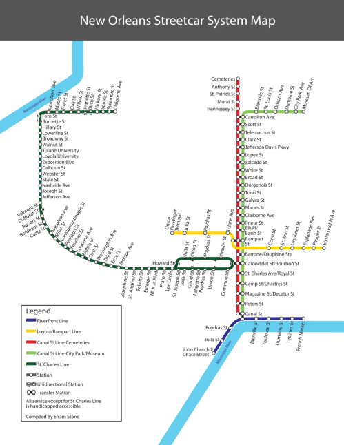 Map of the New Orleans streetcar system, showing lines, stops, and key locations in the city.