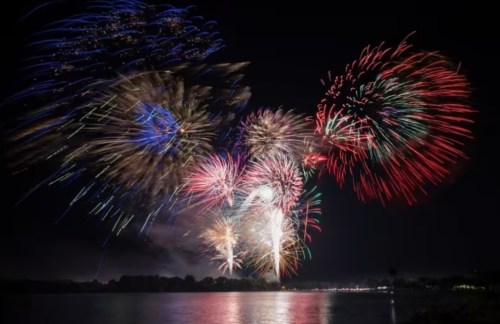 Colorful fireworks explode in the night sky over a calm body of water, reflecting vibrant lights.