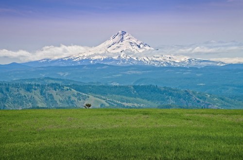 A snow-capped mountain rises above green hills under a cloudy sky, showcasing a serene natural landscape.