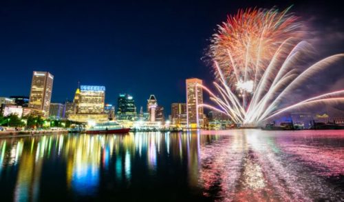 Colorful fireworks illuminate the night sky over a city skyline, reflecting in the calm water below.