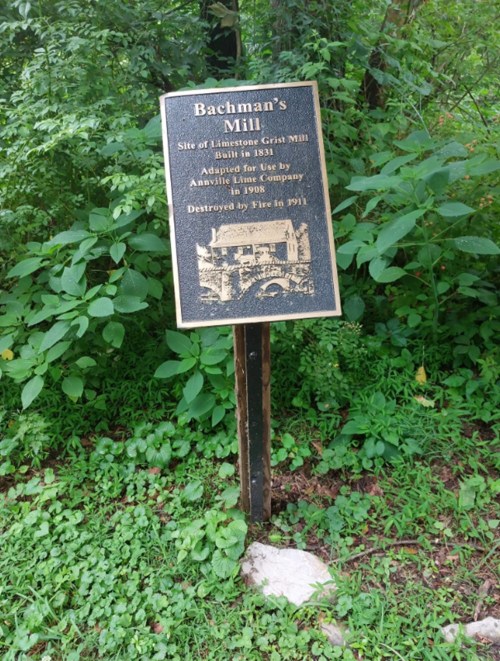 Sign for Bachman's Mill, detailing its history and destruction by fire in 1991, surrounded by greenery.