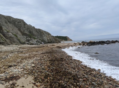 A rocky beach with pebbles and seaweed, gentle waves lapping at the shore under a cloudy sky.