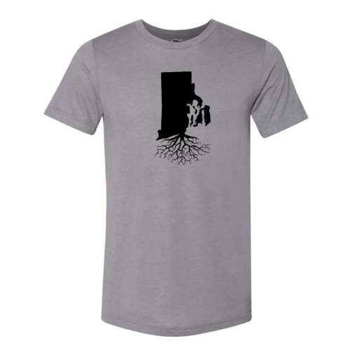 Gray t-shirt featuring a black silhouette of a state with roots extending from the bottom.