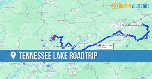 Map showing a Tennessee lake road trip route from Norris Lake to Boone Lake, covering 240 miles in about 5 hours.