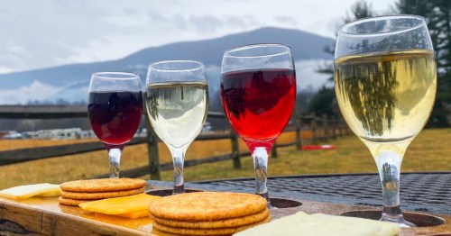 A flight of four wine glasses with cheese and crackers, set against a scenic mountain backdrop.