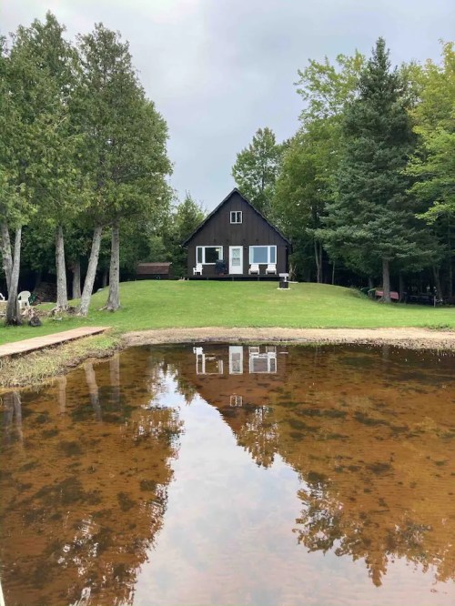 A cozy cabin on a grassy hill, surrounded by trees, reflecting in a calm pond in the foreground.