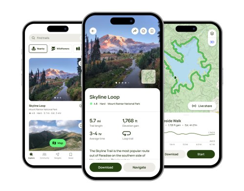 Three smartphone screens display a hiking app featuring the Skyline Loop trail at Mount Rainier National Park.